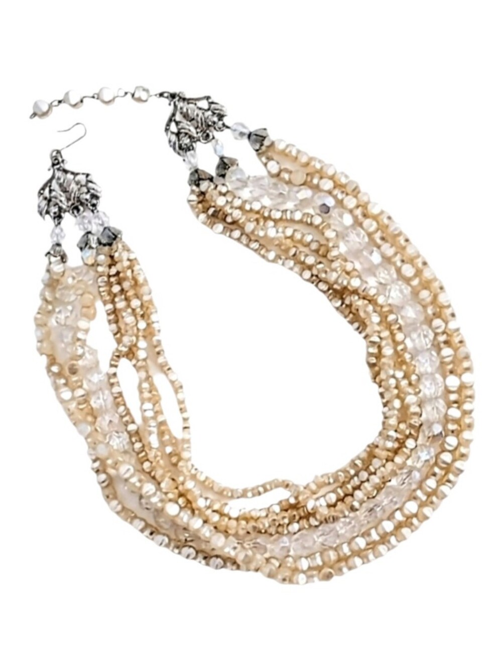 😍 Vintage Multi Strand Cream Baroque Pearl Bead Glass Crystal Cluster Necklace